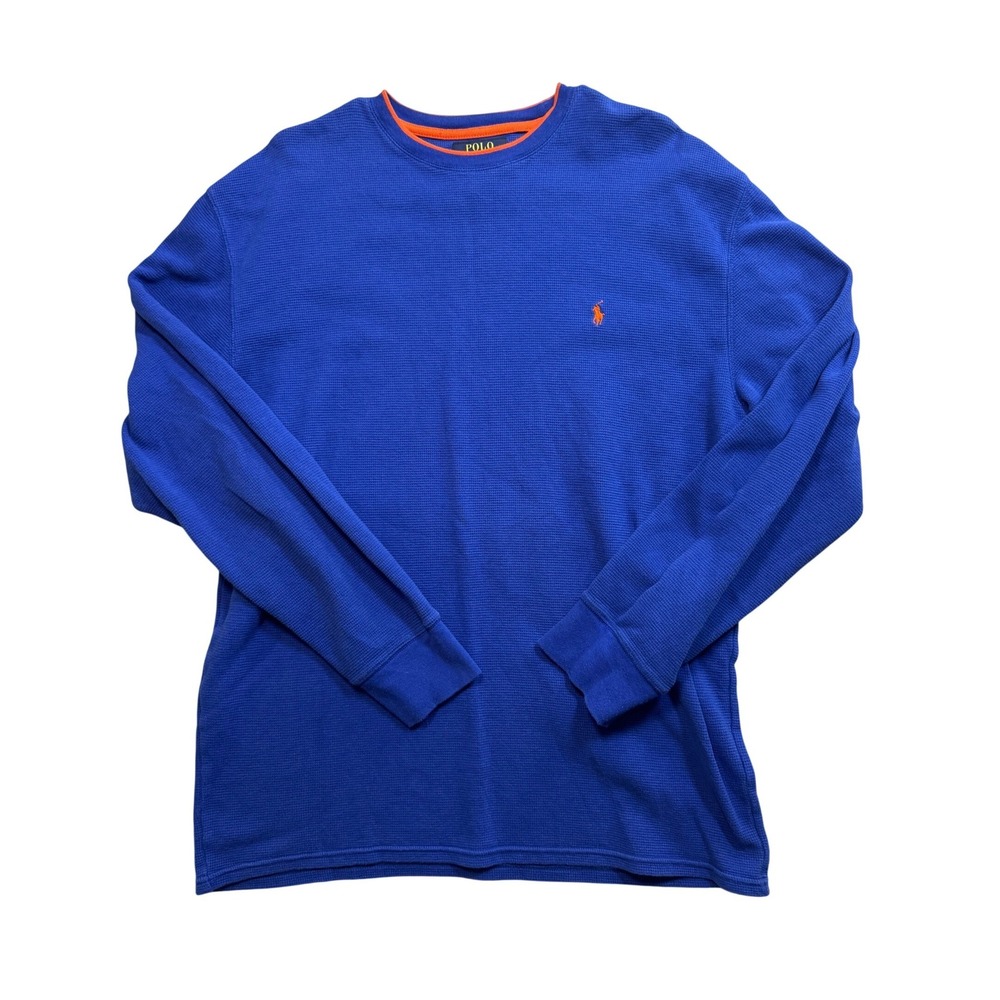 Polo Ralph Lauren Mens 2XL Waffle Knit Thermal Shirt Blue Orange Pony Logo